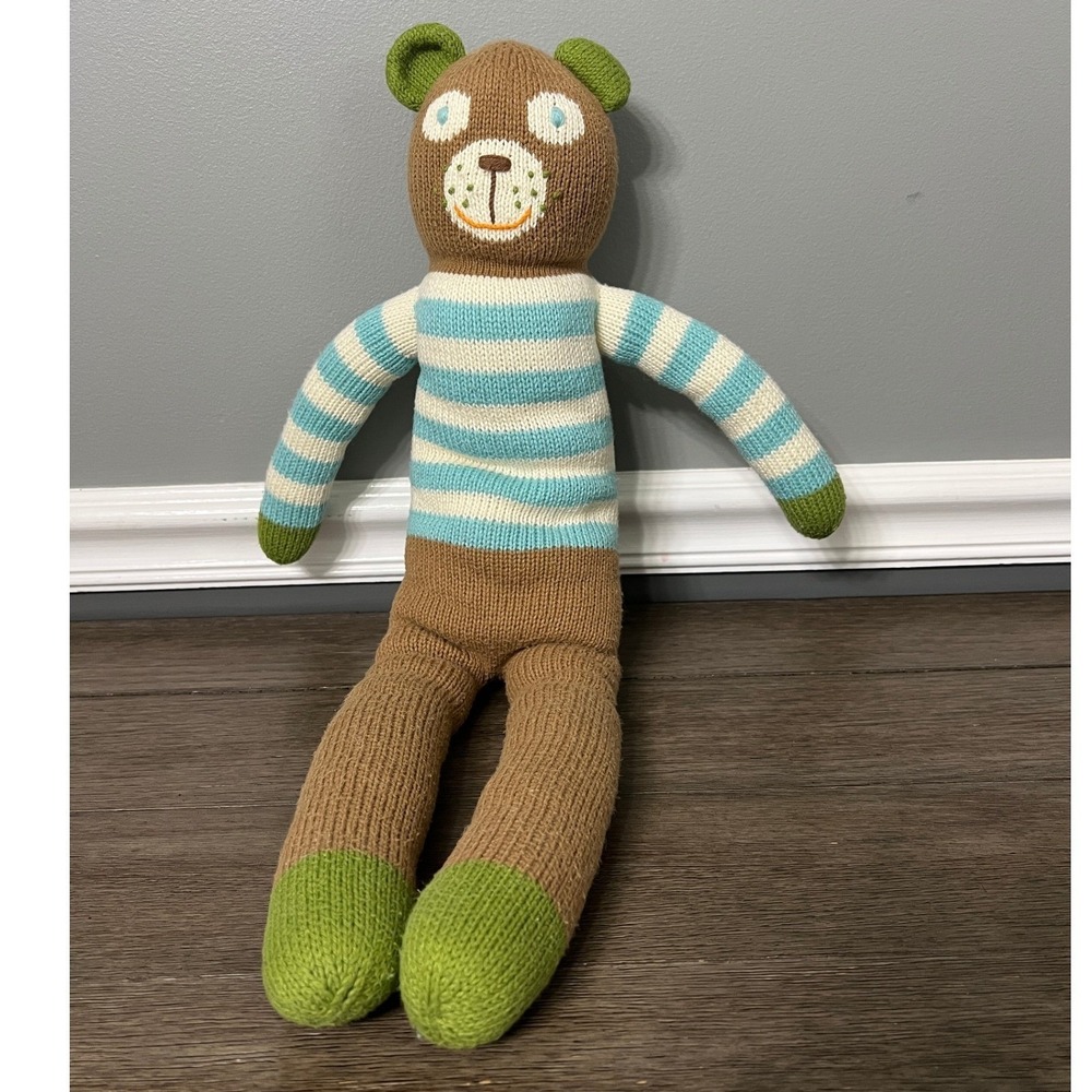Blabla Kids Knitted Bear Plush Toy Striped Shirt Green Accents Stuffed Animal